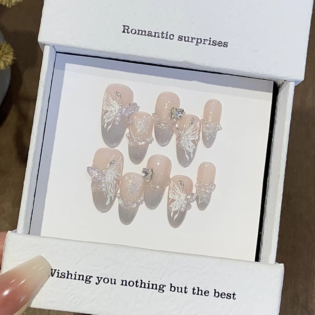 10pc Cat Eye Almond Handmade Press on Nails Light Blue Bow Fake Nails False Nails Artificial Nail Wearable Nail Tips Art Uñas - Hands of Hope