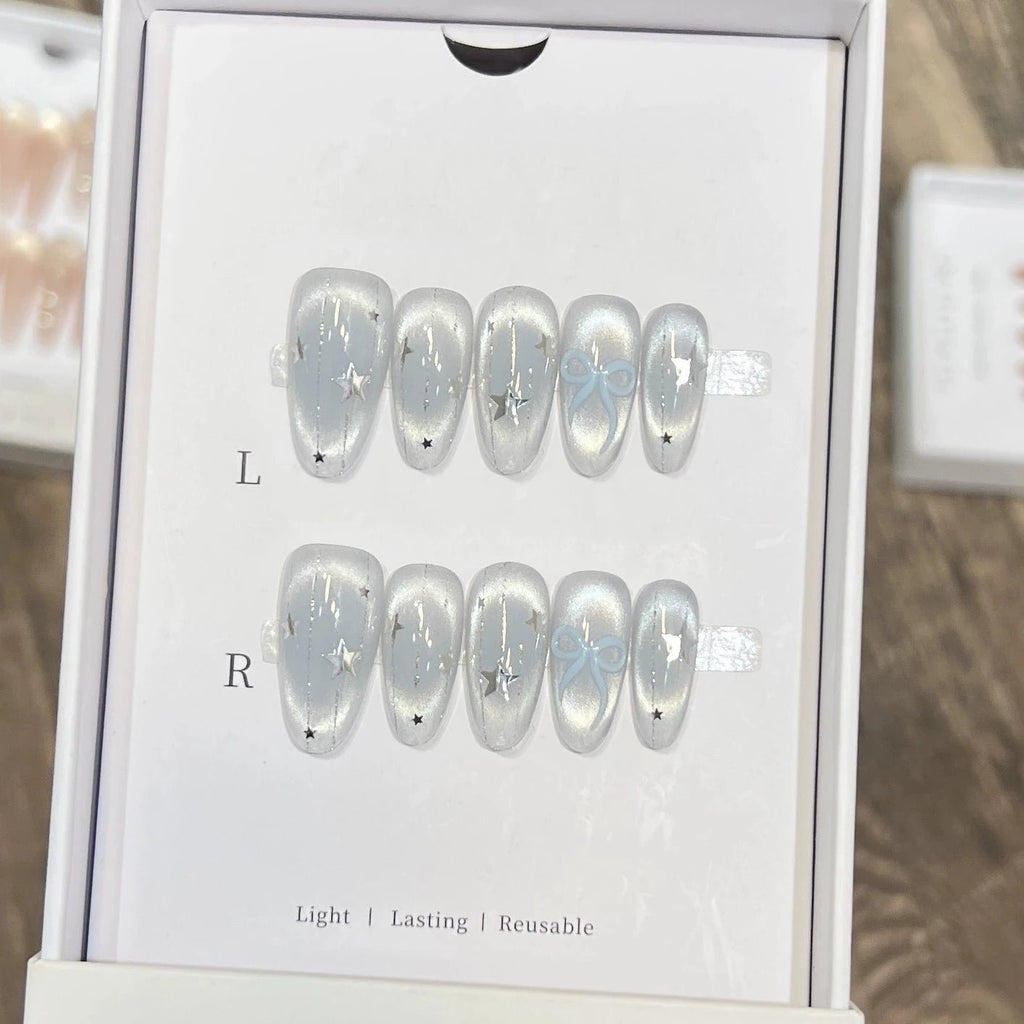 10pc Cat Eye Almond Handmade Press on Nails Light Blue Bow Fake Nails False Nails Artificial Nail Wearable Nail Tips Art Uñas - Hands of Hope