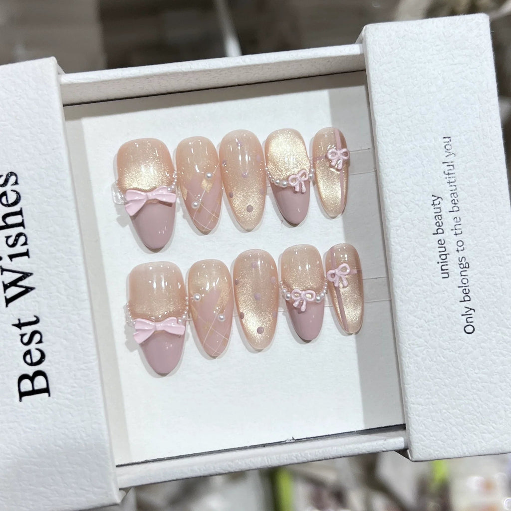 10pc Cat Eye Almond Handmade Press on Nails Light Blue Bow Fake Nails False Nails Artificial Nail Wearable Nail Tips Art Uñas - Hands of Hope