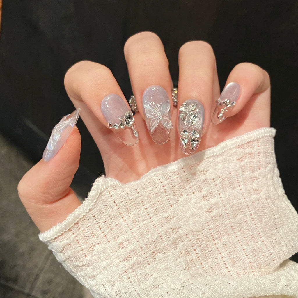 10pc Cat Eye Almond Handmade Press on Nails Light Blue Bow Fake Nails False Nails Artificial Nail Wearable Nail Tips Art Uñas - Hands of Hope