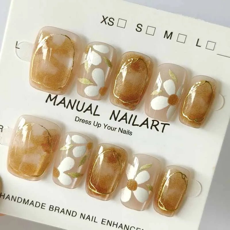 10Pcs 3D Embroidery Feel Colorful Flowers Caramel Iced Coffee Camellia Gilded Gold Wearing Armor Press on Nails Trend Nail Art - Hands of Hope
