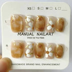 10Pcs 3D Embroidery Feel Colorful Flowers Caramel Iced Coffee Camellia Gilded Gold Wearing Armor Press on Nails Trend Nail Art - Hands of Hope