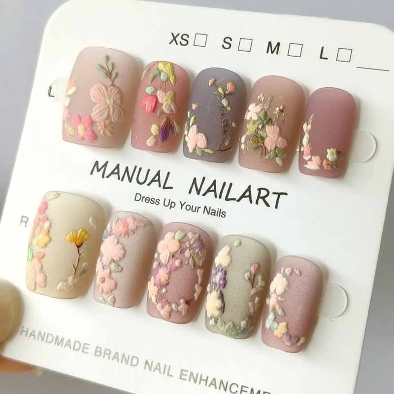 10Pcs 3D Embroidery Feel Colorful Flowers Caramel Iced Coffee Camellia Gilded Gold Wearing Armor Press on Nails Trend Nail Art - Hands of Hope
