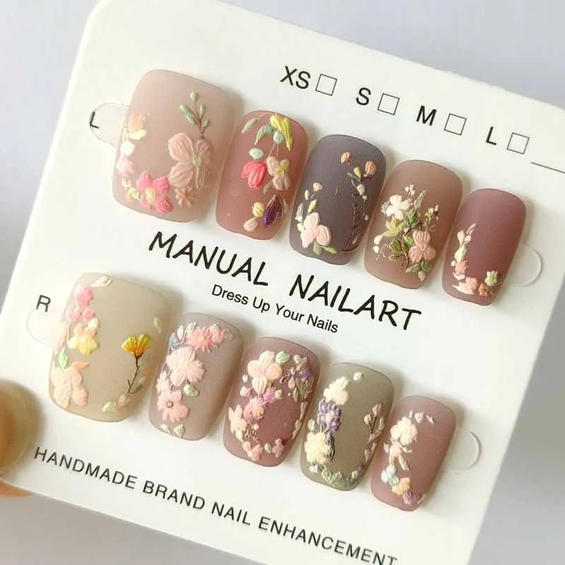 10Pcs 3D Embroidery Feel Colorful Flowers Caramel Iced Coffee Camellia Gilded Gold Wearing Armor Press on Nails Trend Nail Art - Hands of Hope