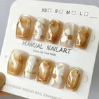 10Pcs 3D Embroidery Feel Colorful Flowers Caramel Iced Coffee Camellia Gilded Gold Wearing Armor Press on Nails Trend Nail Art - Hands of Hope