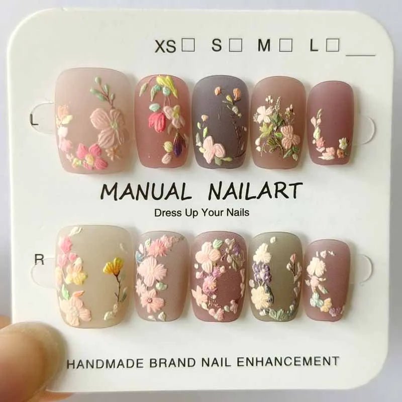 10Pcs 3D Embroidery Feel Colorful Flowers Caramel Iced Coffee Camellia Gilded Gold Wearing Armor Press on Nails Trend Nail Art - Hands of Hope
