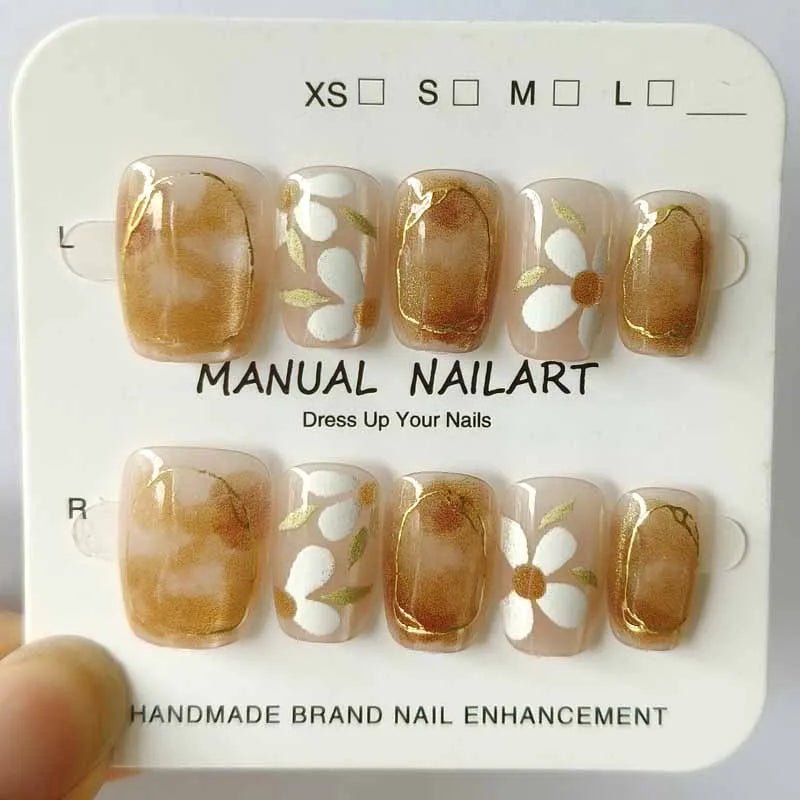 10Pcs 3D Embroidery Feel Colorful Flowers Caramel Iced Coffee Camellia Gilded Gold Wearing Armor Press on Nails Trend Nail Art - Hands of Hope