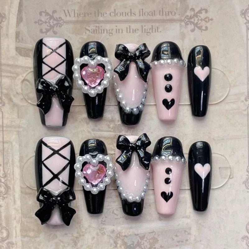 10pcs Black Edge French Press on Nails Wearable Pink Med - length Ballet False Nail Love Pearl Bow Design Full Cover Nail Tips Art - Hands of Hope