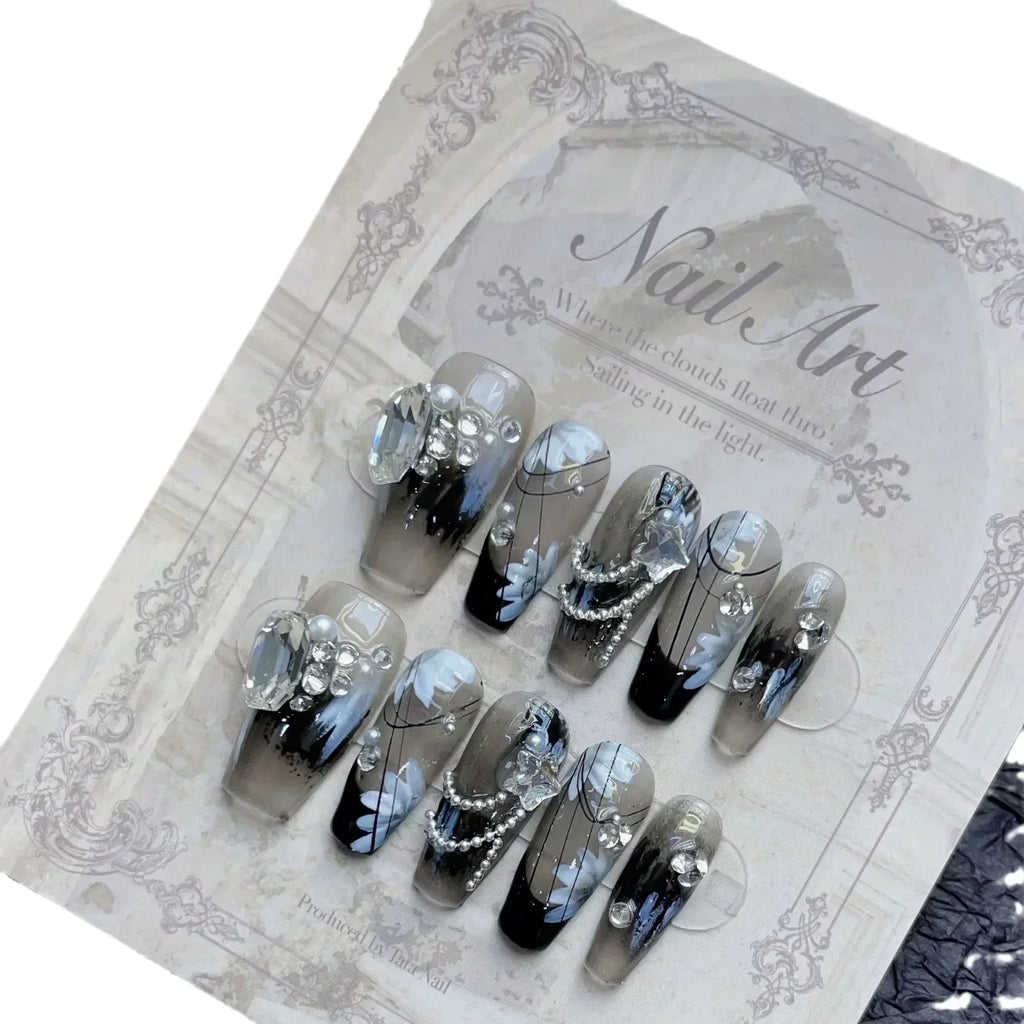 10Pcs Black Handmade Press on Nails Flower Ballet Wearable Rhinestone False Nails Decoration Chinese Manicure Fake Nails Tips - Hands of Hope