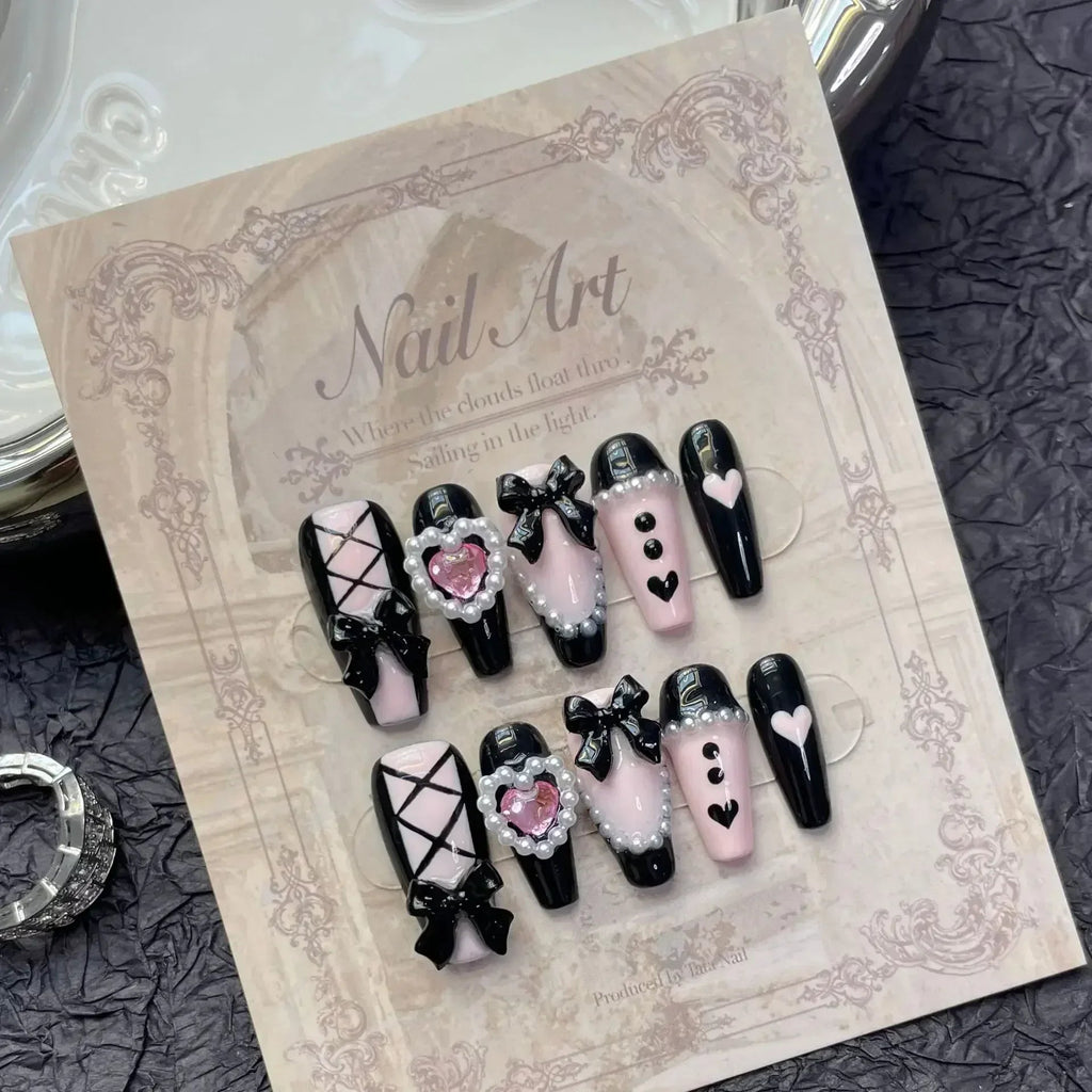 10Pcs Black Handmade Press on Nails Flower Ballet Wearable Rhinestone False Nails Decoration Chinese Manicure Fake Nails Tips - Hands of Hope