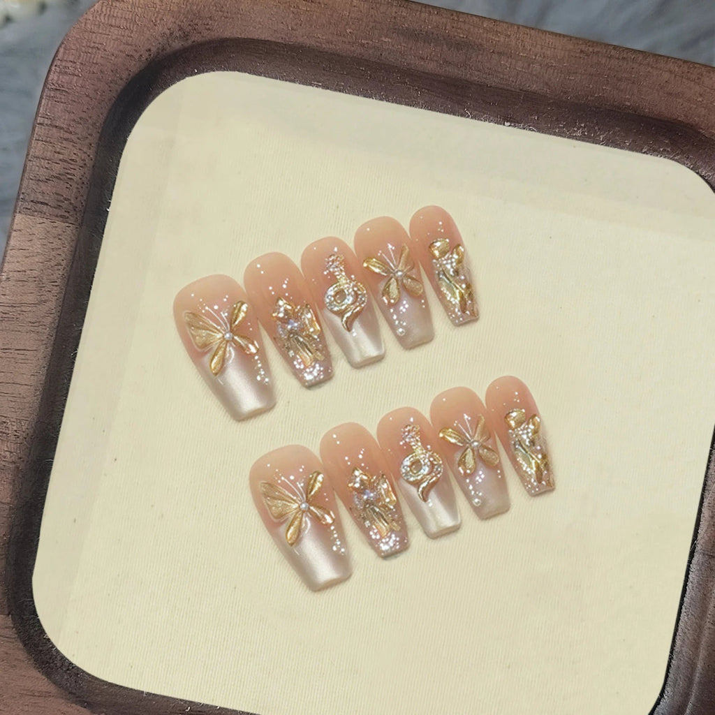 10Pcs Black Handmade Press on Nails Flower Ballet Wearable Rhinestone False Nails Decoration Chinese Manicure Fake Nails Tips - Hands of Hope