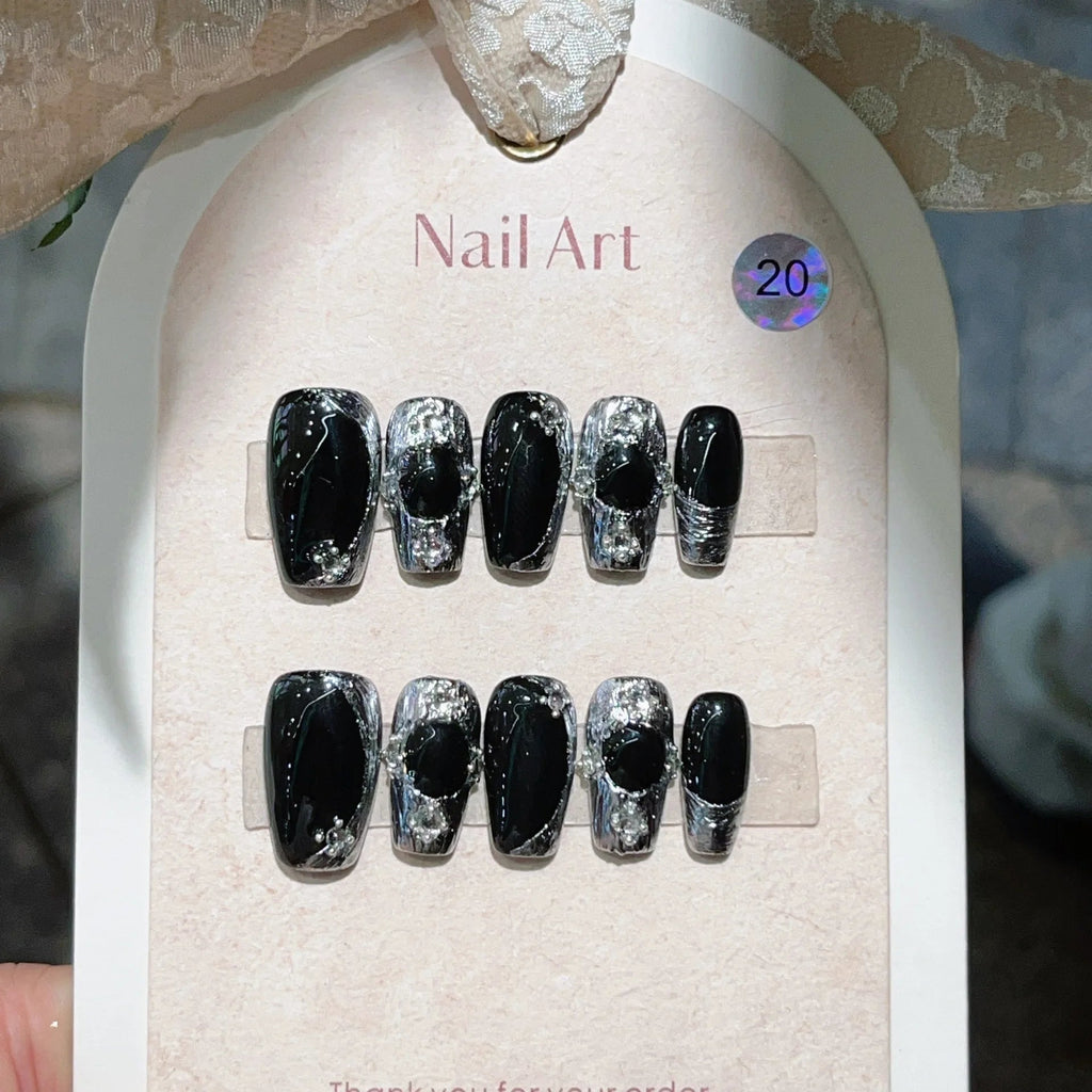 10Pcs Black Handmade Press on Nails Flower Ballet Wearable Rhinestone False Nails Decoration Chinese Manicure Fake Nails Tips - Hands of Hope