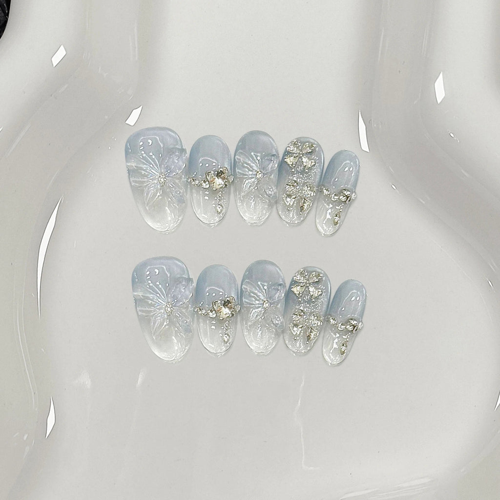 10pcs Blue Cat Eye Almond Handmade Press on Nails 3D Butterfly Fake Nails False Nail Artificial Nail Накладные Ногти Uñas 네일팁 - Hands of Hope