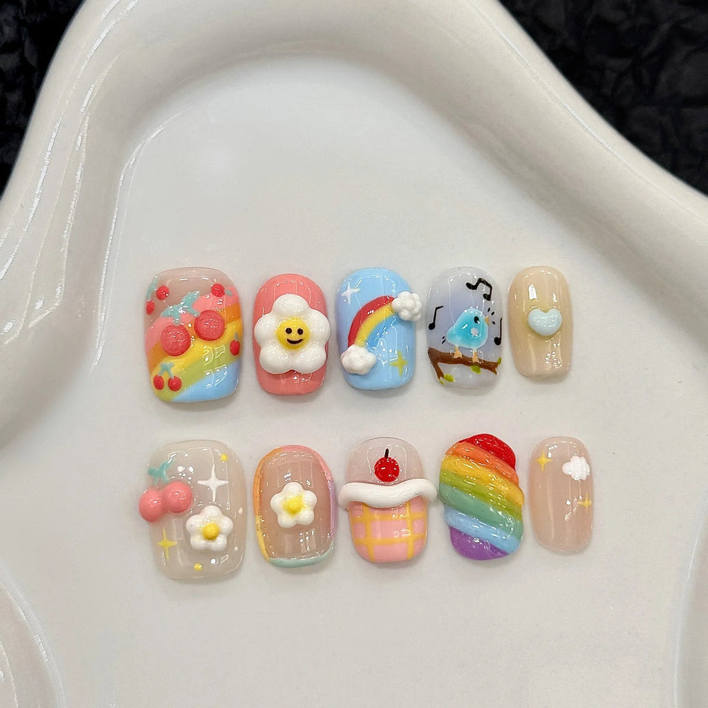 10Pcs Cute Short Round Handmade Fake Nail Glitter Colorful 3D Sweet Cool Art Finished Nail for Girl Wearable Full Cover Press On - Hands of Hope