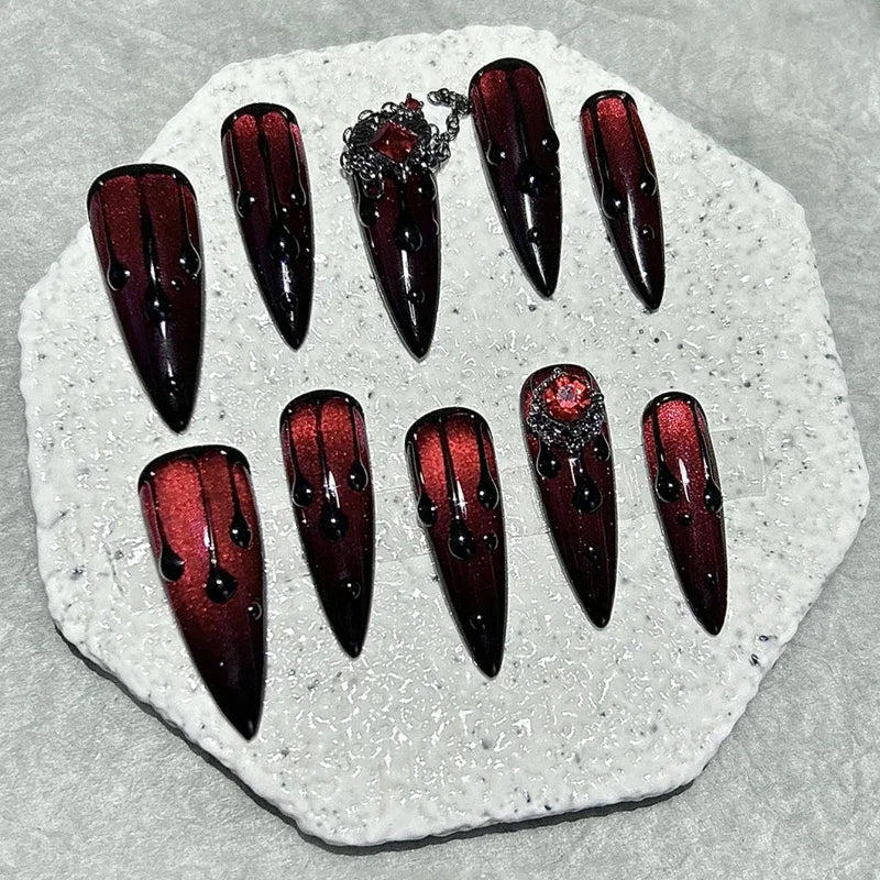 10PCS Dark Blood Red Spicy Girls Long Tip Handmade Press On Nails Red Diamonds Cat Eye Glitter Fake Nails Luxury Chains Nail Art - Hands of Hope