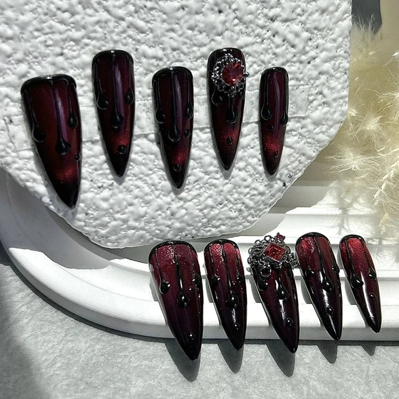 10PCS Dark Blood Red Spicy Girls Long Tip Handmade Press On Nails Red Diamonds Cat Eye Glitter Fake Nails Luxury Chains Nail Art - Hands of Hope