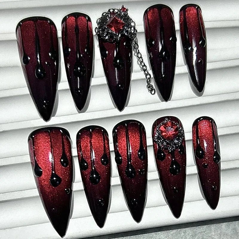 10PCS Dark Blood Red Spicy Girls Long Tip Handmade Press On Nails Red Diamonds Cat Eye Glitter Fake Nails Luxury Chains Nail Art - Hands of Hope