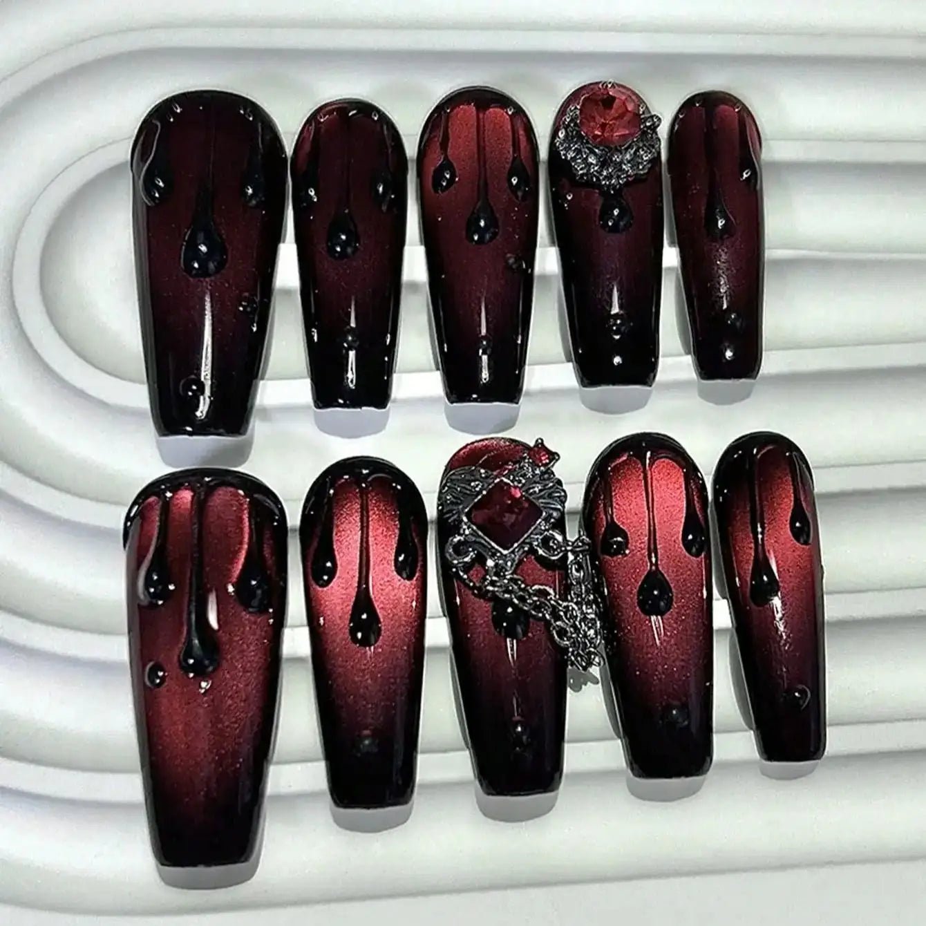 10PCS Dark Blood Red Spicy Girls Long Tip Handmade Press On Nails Red Diamonds Cat Eye Glitter Fake Nails Luxury Chains Nail Art - Hands of Hope