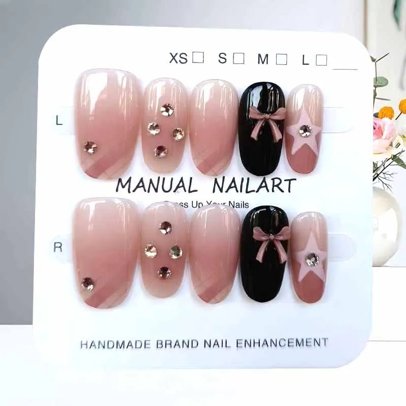 10Pcs French Plaid Bean Paste Pink Powder Butterfly Bowknot with Diamond Press On Nails Korean Style Girl Nail Patch Fake Nails - Hands of Hope