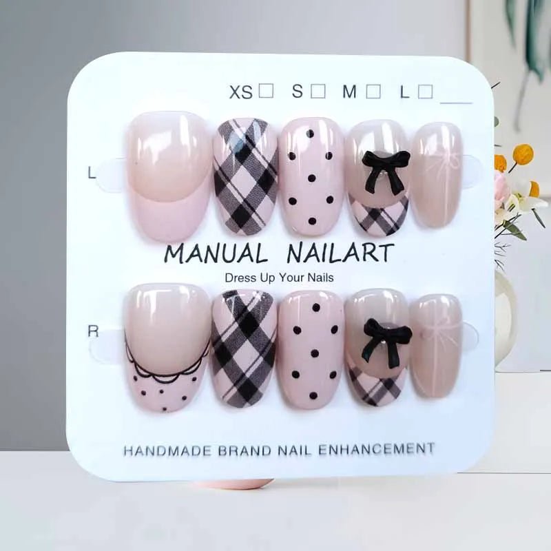 10Pcs French Plaid Bean Paste Pink Powder Butterfly Bowknot with Diamond Press On Nails Korean Style Girl Nail Patch Fake Nails - Hands of Hope
