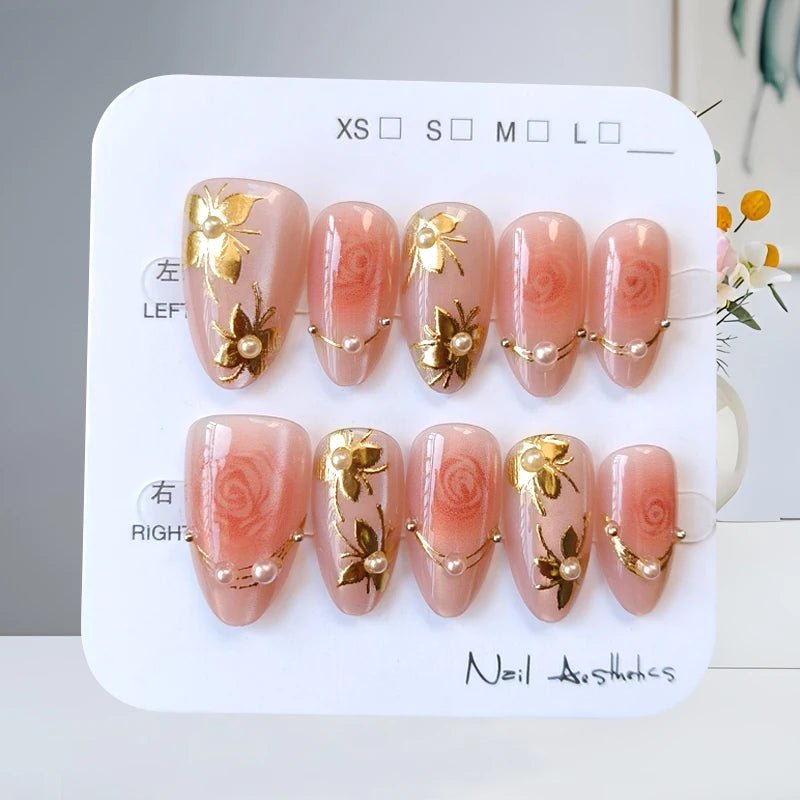 10Pcs French Plaid Bean Paste Pink Powder Butterfly Bowknot with Diamond Press On Nails Korean Style Girl Nail Patch Fake Nails - Hands of Hope