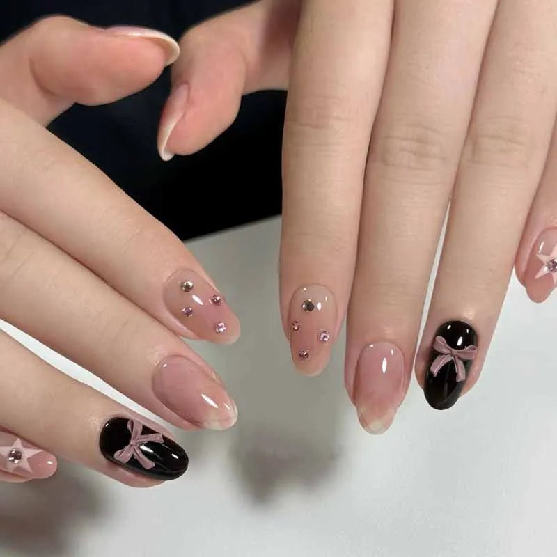 10Pcs French Plaid Bean Paste Pink Powder Butterfly Bowknot with Diamond Press On Nails Korean Style Girl Nail Patch Fake Nails - Hands of Hope