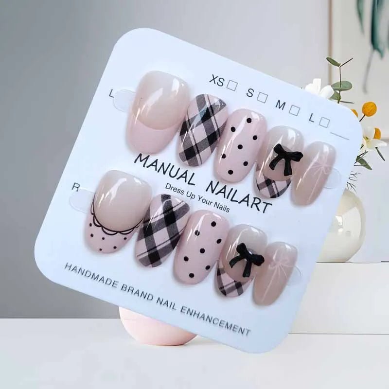 10Pcs French Plaid Bean Paste Pink Powder Butterfly Bowknot with Diamond Press On Nails Korean Style Girl Nail Patch Fake Nails - Hands of Hope