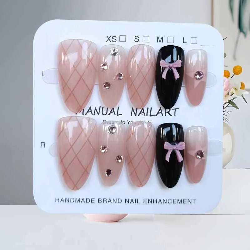 10Pcs French Plaid Bean Paste Pink Powder Butterfly Bowknot with Diamond Press On Nails Korean Style Girl Nail Patch Fake Nails - Hands of Hope