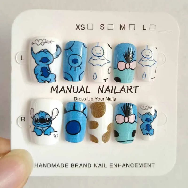 10Pcs Girl's Fashion Cute Cartoon Stitch Press on Nails Baby Fake Nails Girls Gift Toys Nails Patches Girls Detachable Nail Tips - Hands of Hope