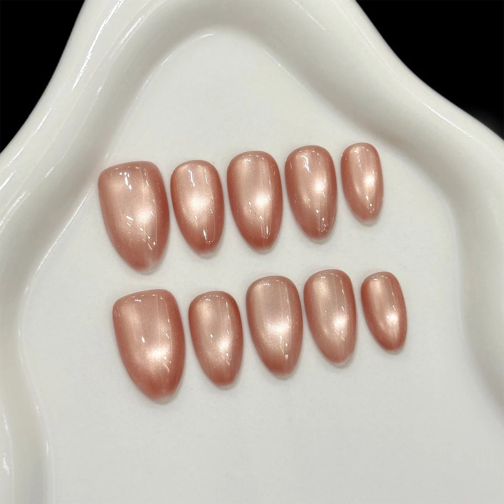 10pcs Handmade Glass Bead Cat Eyes Press on Nails Solid Color Fake Nails Wearable Reusable Ins Simple Long Almond False Nail Tip - Hands of Hope