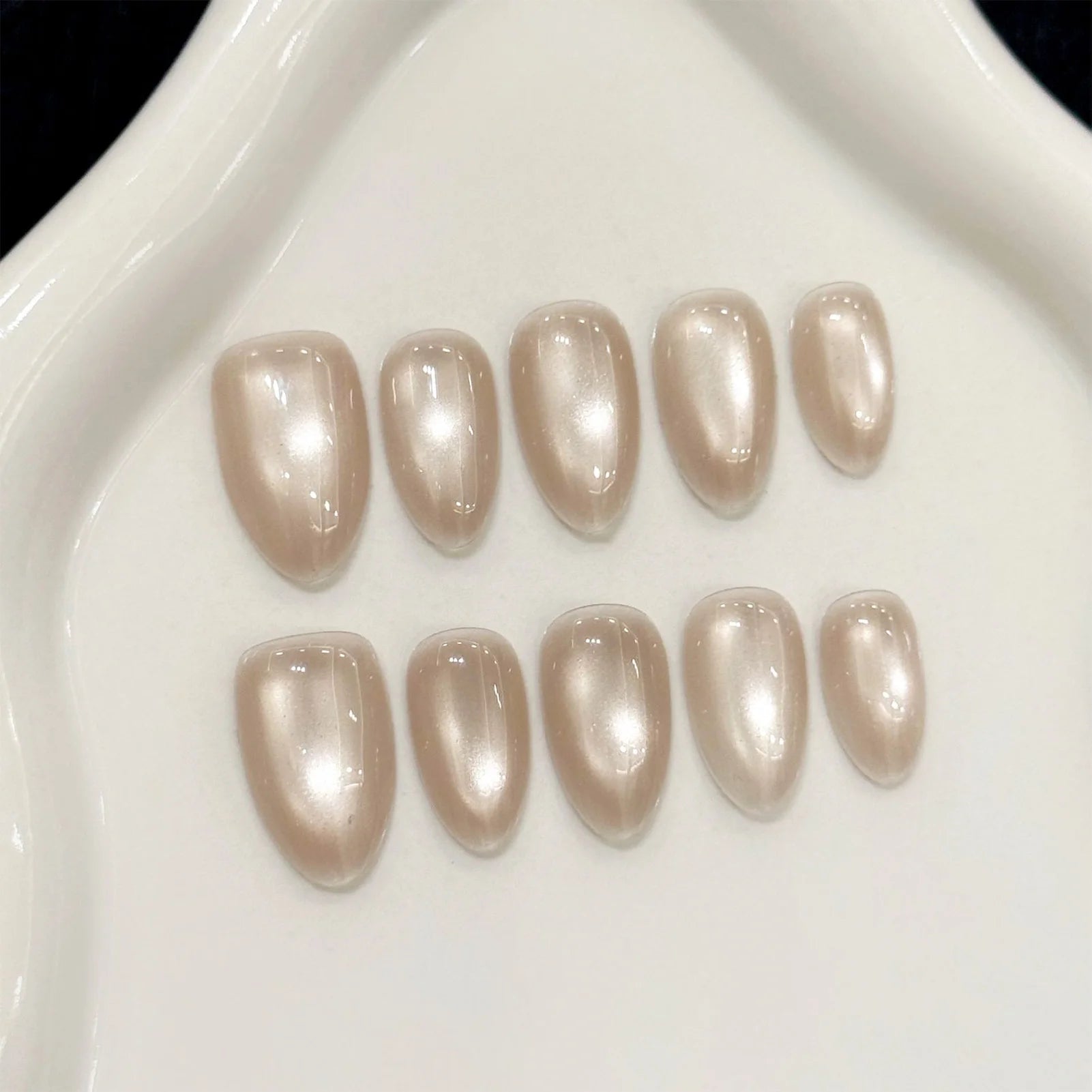 10pcs Handmade Glass Bead Cat Eyes Press on Nails Solid Color Fake Nails Wearable Reusable Ins Simple Long Almond False Nail Tip - Hands of Hope