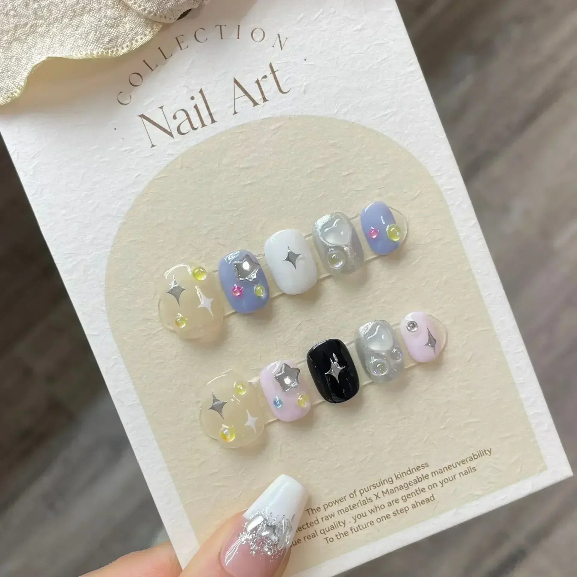 10Pcs Handmade Gothic Short Press on Nails Rhinestone Round Manicure Decoration Wearable Full Cover with Design Acrylic Nail Tip - Hands of Hope
