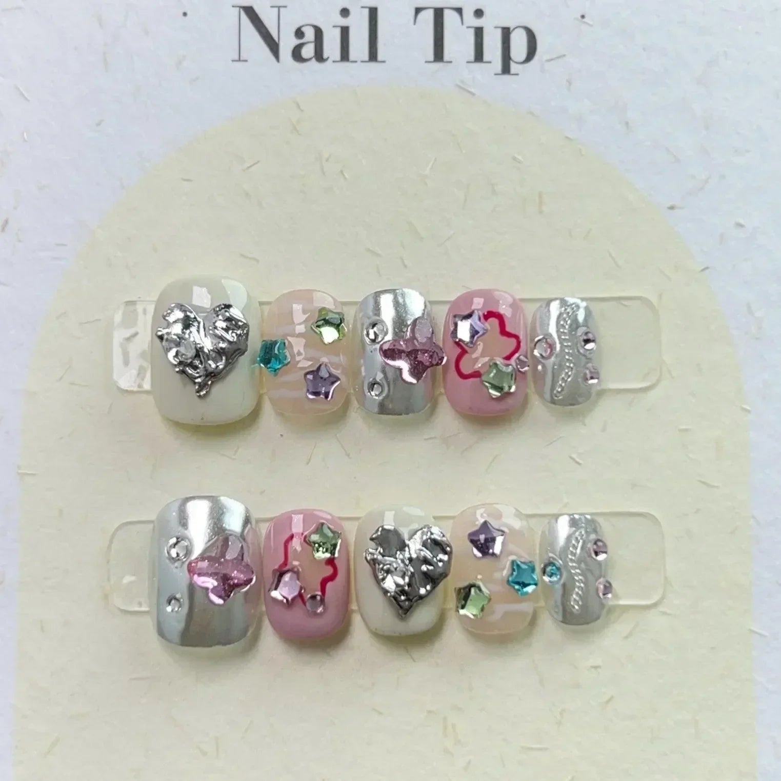 10Pcs Handmade Gothic Short Press on Nails Rhinestone Round Manicure Decoration Wearable Full Cover with Design Acrylic Nail Tip - Hands of Hope