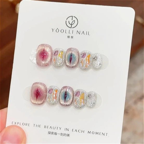 10Pcs Handmade Gothic Short Press on Nails Rhinestone Round Manicure Decoration Wearable Full Cover with Design Acrylic Nail Tip - Hands of Hope