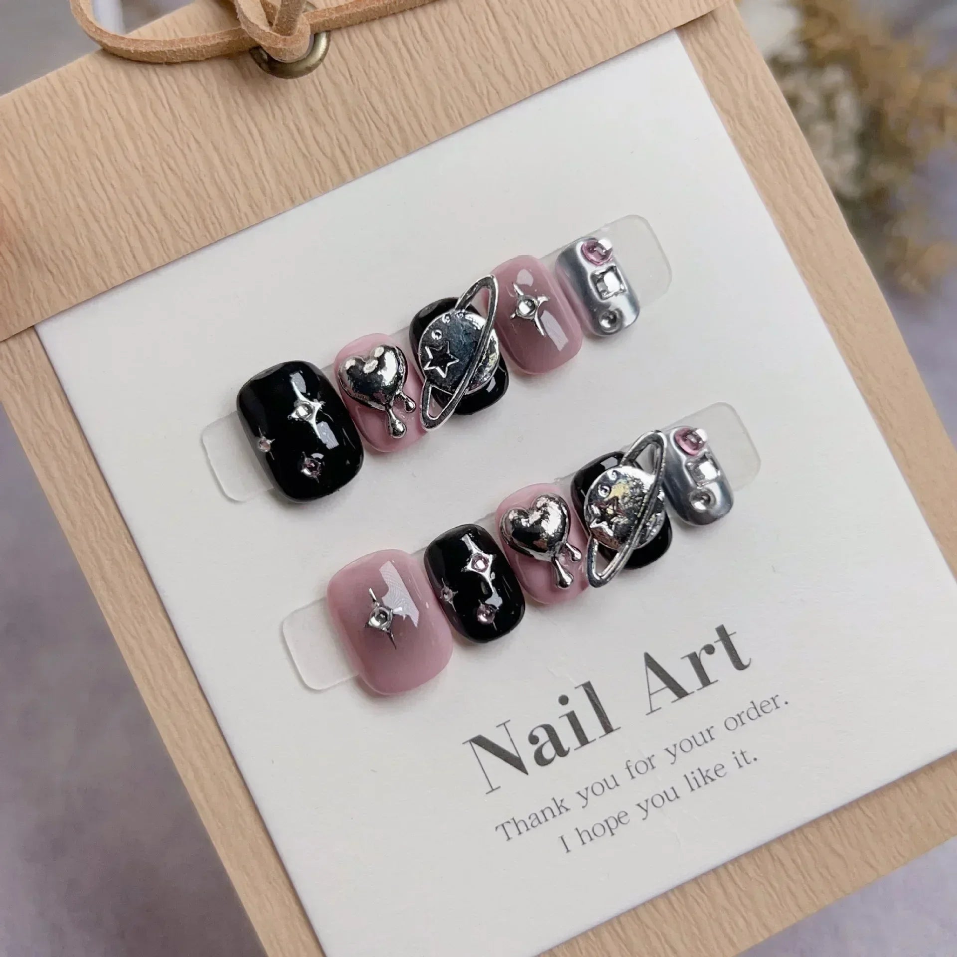 10Pcs Handmade Gothic Short Press on Nails Rhinestone Round Manicure Decoration Wearable Full Cover with Design Acrylic Nail Tip - Hands of Hope