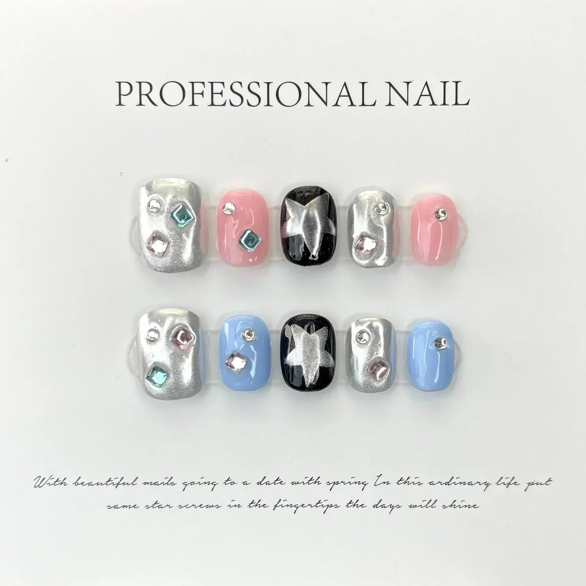 10Pcs Handmade Gothic Short Press on Nails Rhinestone Round Manicure Decoration Wearable Full Cover with Design Acrylic Nail Tip - Hands of Hope