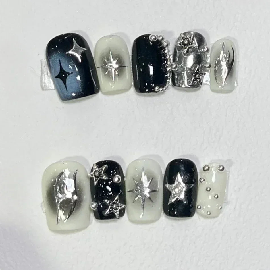 10Pcs Handmade Gothic Short Press on Nails Rhinestone Round Manicure Decoration Wearable Full Cover with Design Acrylic Nail Tip - Hands of Hope