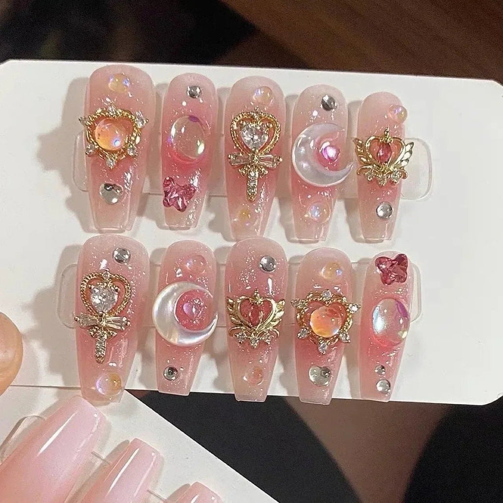 10Pcs Handmade Nails Long Ballet Pink with 3D Moon Nail Set - Hands of Hope