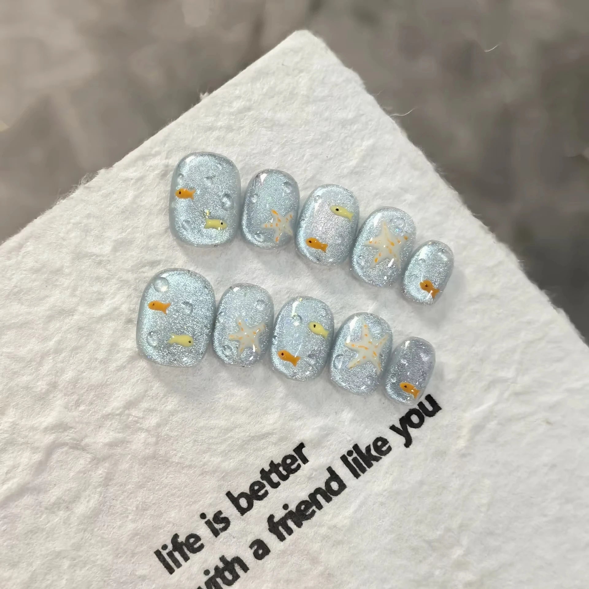 10pcs Handmade Press on Nail Ice Blue Ocean Star Ice - transparent Texture False Nail for Women&Girl Short Oval Wearable Nail - Hands of Hope