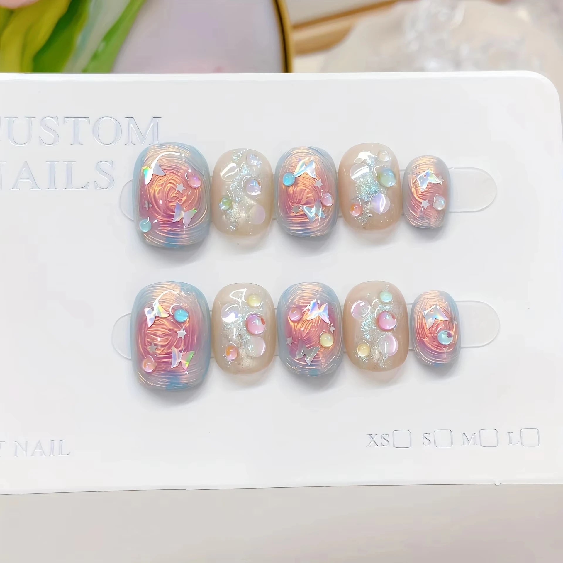 10pcs Handmade Press on Nail Ice Blue Ocean Star Ice - transparent Texture False Nail for Women&Girl Short Oval Wearable Nail - Hands of Hope