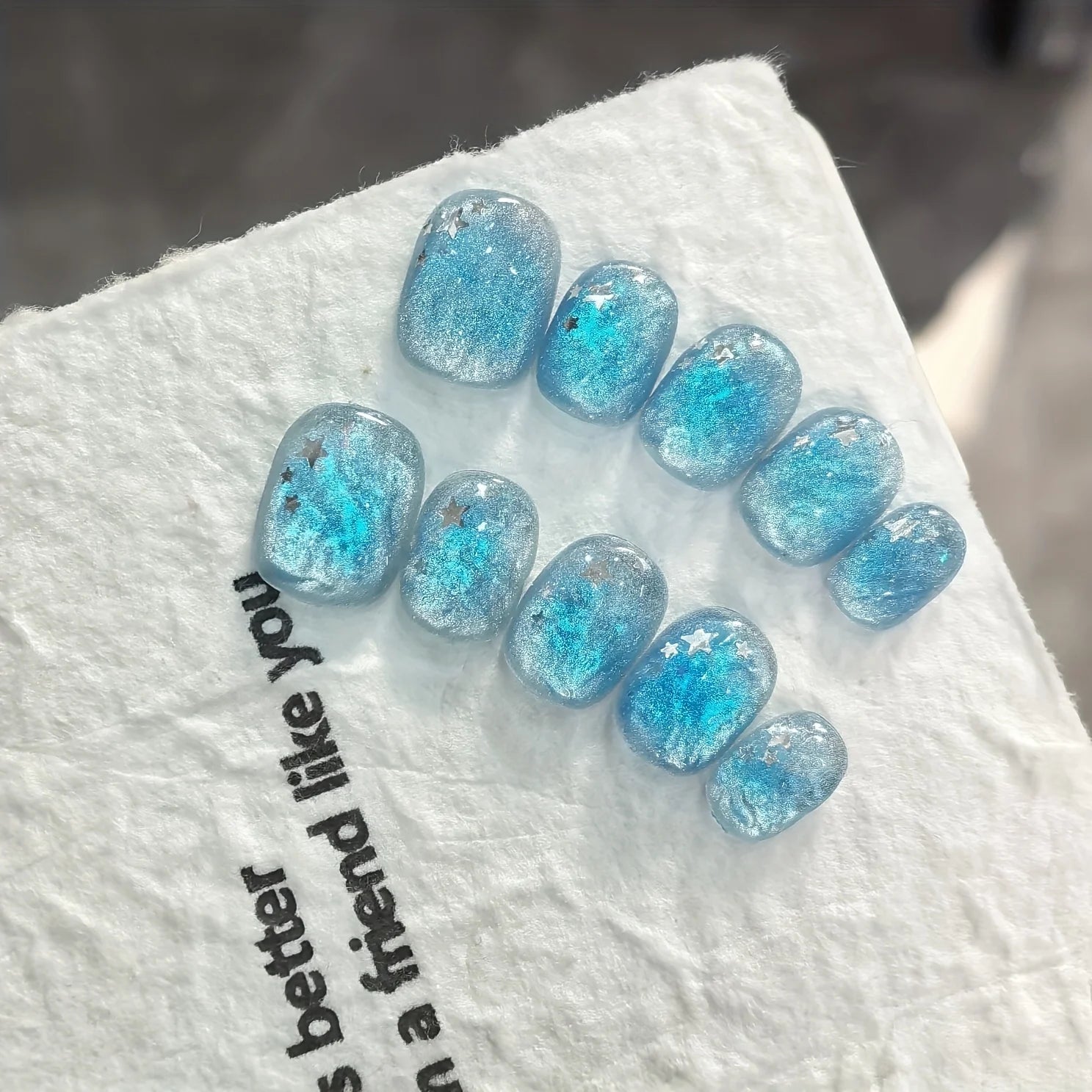 10pcs Handmade Press on Nail Ice Blue Ocean Star Ice - transparent Texture False Nail for Women&Girl Short Oval Wearable Nail - Hands of Hope