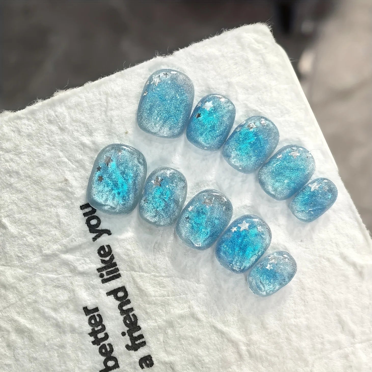10pcs Handmade Press on Nail Ice Blue Ocean Star Ice - transparent Texture False Nail for Women&Girl Short Oval Wearable Nail - Hands of Hope