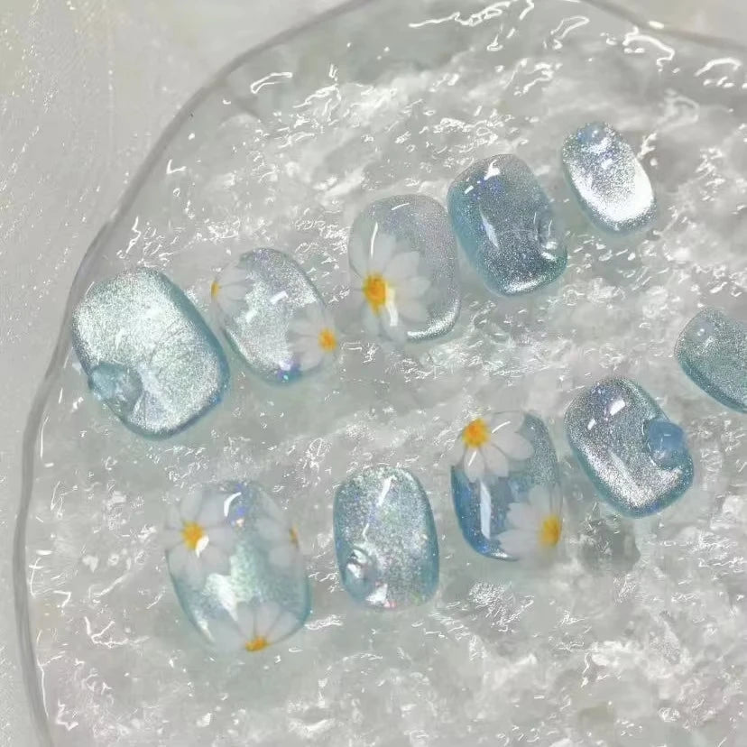10pcs Handmade Press on Nail Ice Blue Ocean Star Ice - transparent Texture False Nail for Women&Girl Short Oval Wearable Nail - Hands of Hope