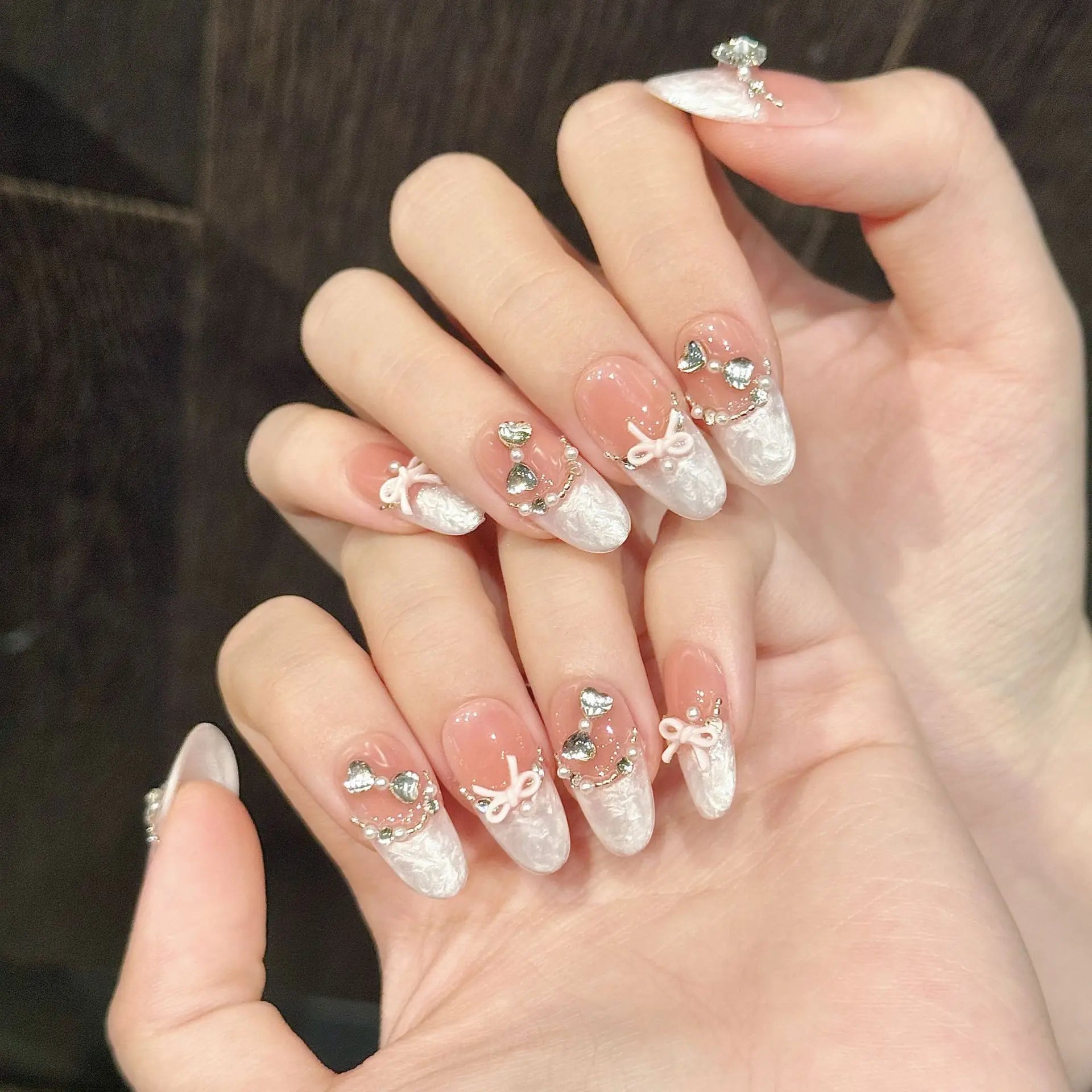 10pcs Handmade Press on Nails French Cat Eye Pink Bow Decor Korean False Nails Wearable Full Cover Ins Almond False Nail Tips - Hands of Hope