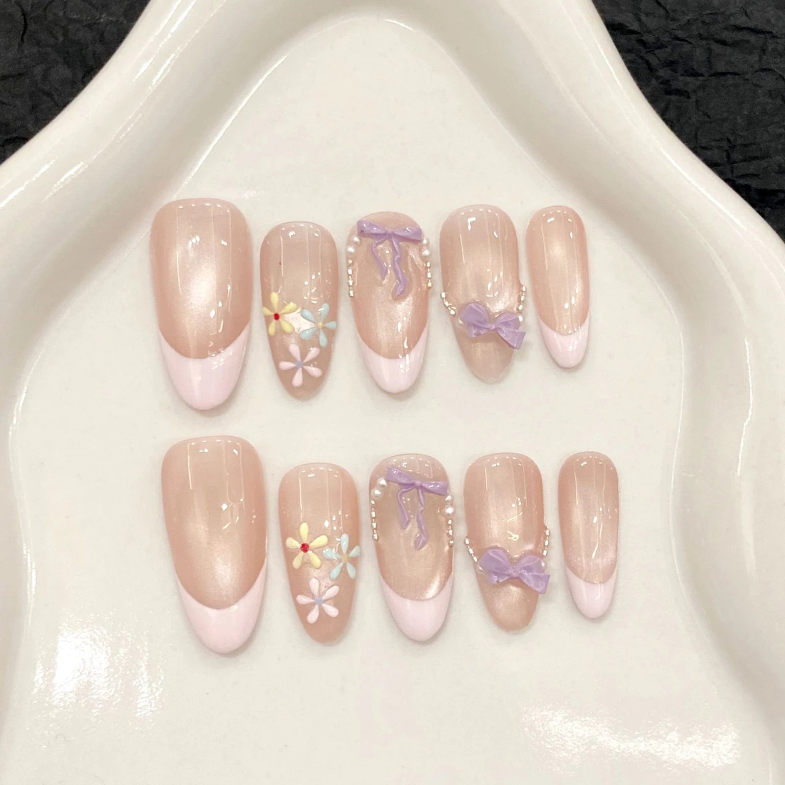 10pcs Handmade Press on Nails French Cat Eye Pink Bow Decor Korean False Nails Wearable Full Cover Ins Almond False Nail Tips - Hands of Hope