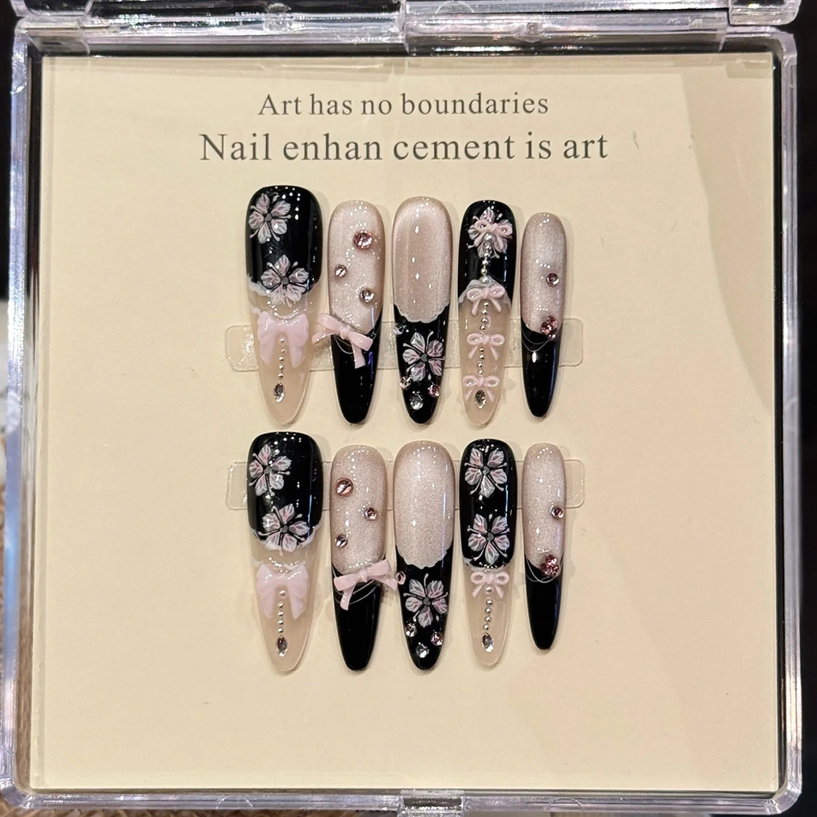 10pcs Handmade Press on Nails French Cat Eye Pink Bow Decor Korean False Nails Wearable Full Cover Ins Almond False Nail Tips - Hands of Hope