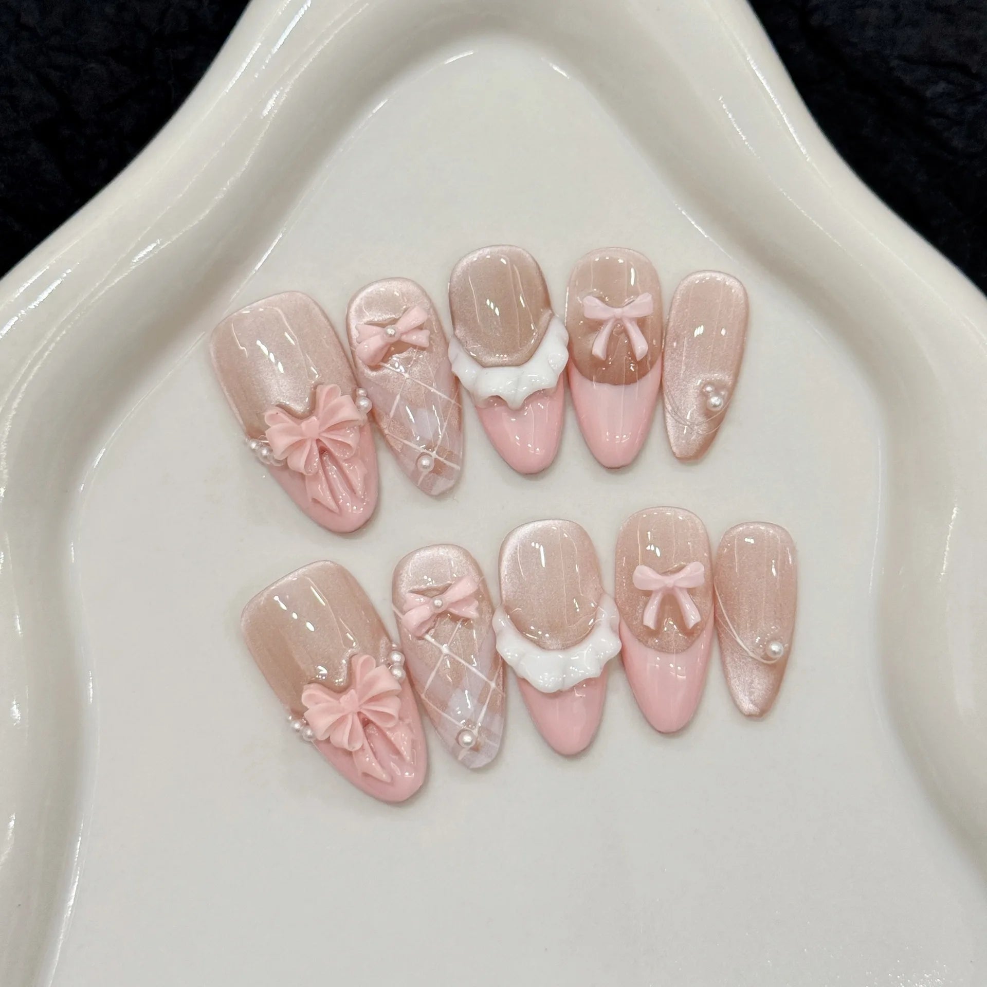 10pcs Handmade Press on Nails French Cat Eye Pink Bow Decor Korean False Nails Wearable Full Cover Ins Almond False Nail Tips - Hands of Hope