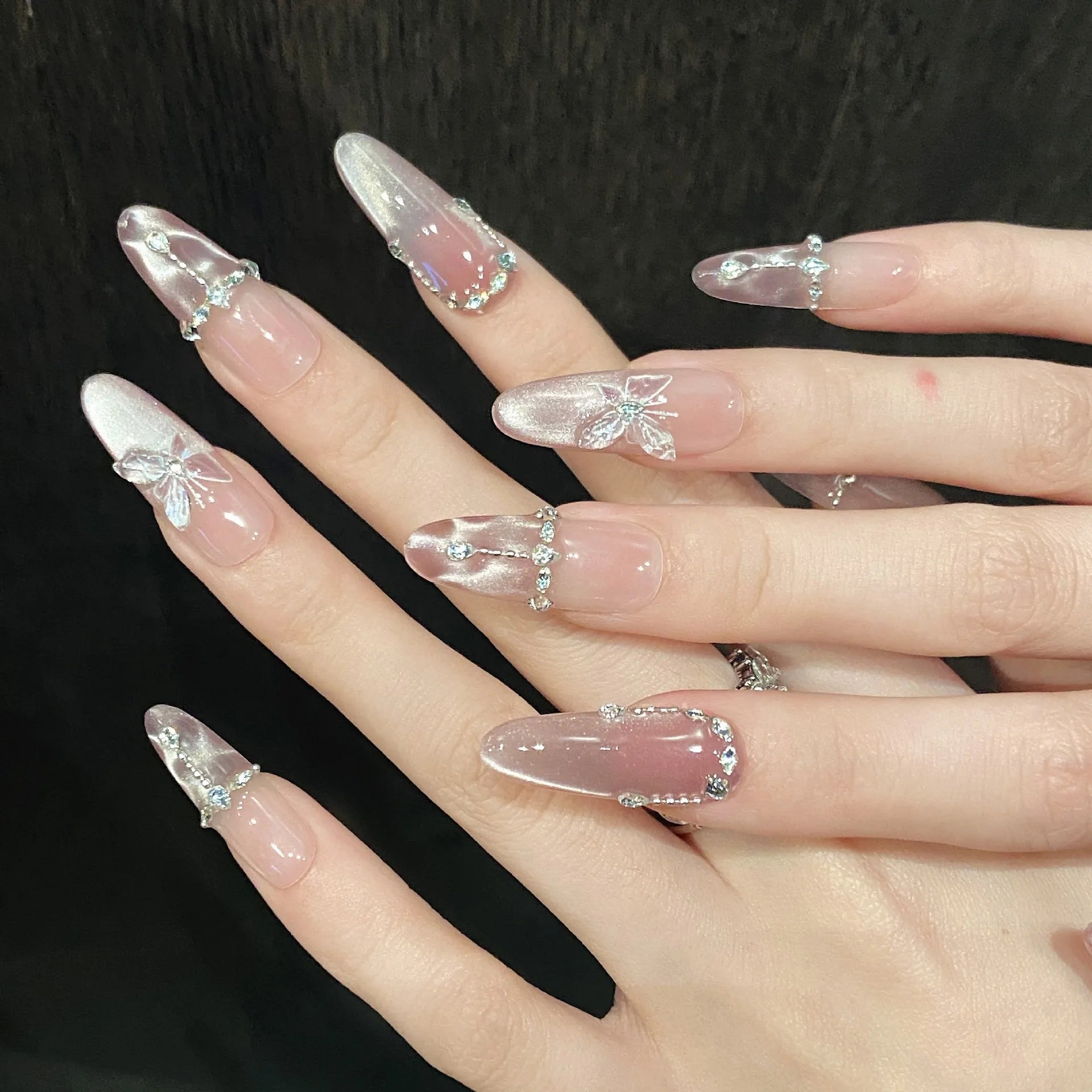 10pcs Handmade Press on Nails Pink Butterfly Design Fake Nails Wearable Reusable Glitter Cat Eye Sweet Korean False Nail Tips - Hands of Hope