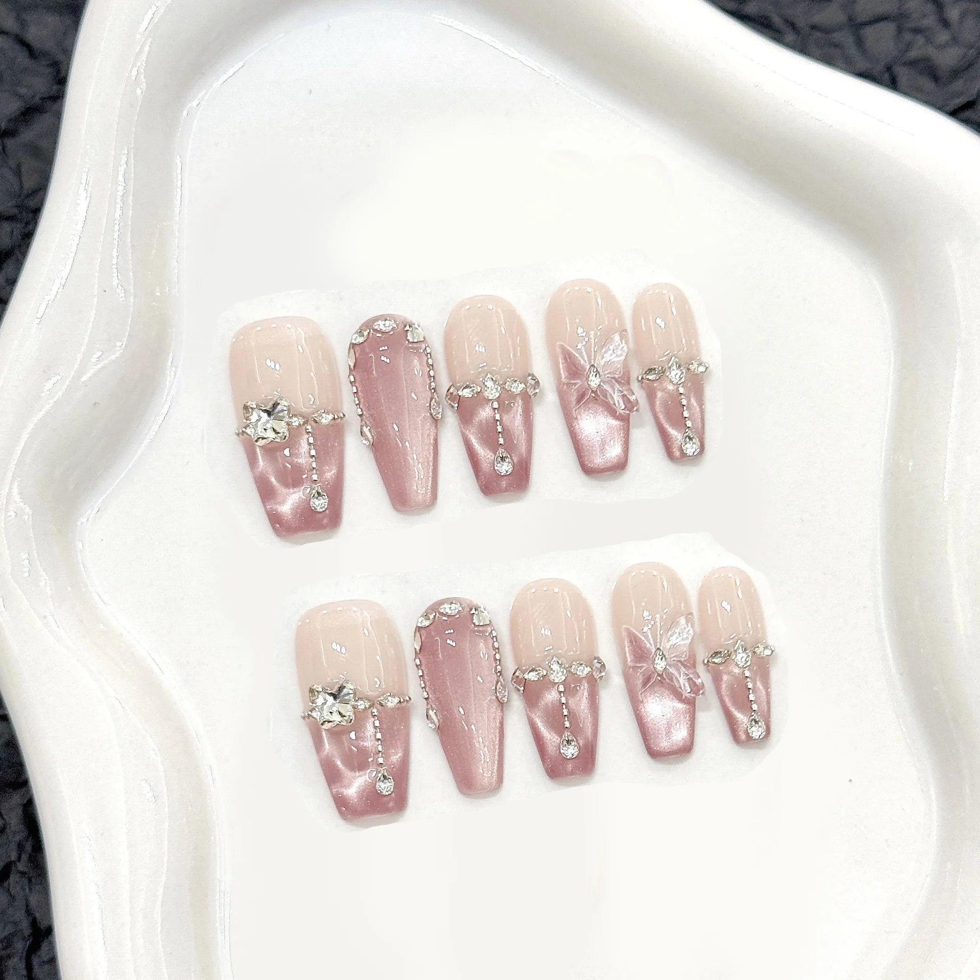 10pcs Handmade Press on Nails Pink Butterfly Design Fake Nails Wearable Reusable Glitter Cat Eye Sweet Korean False Nail Tips - Hands of Hope