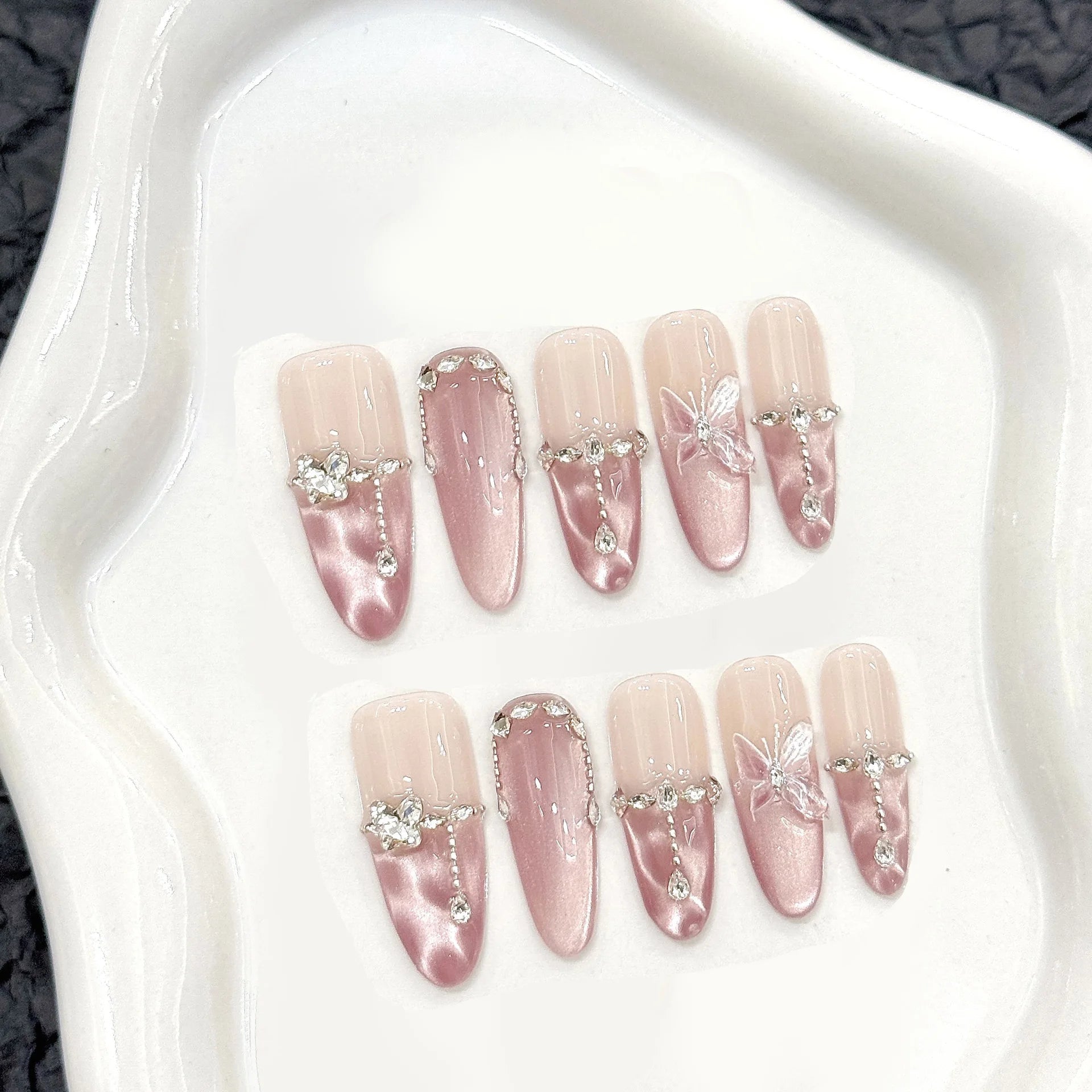 10pcs Handmade Press on Nails Pink Butterfly Design Fake Nails Wearable Reusable Glitter Cat Eye Sweet Korean False Nail Tips - Hands of Hope